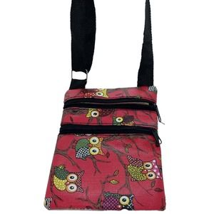 Red OWL Crossbody Purse Bag Oil Cloth Purse Pouch Festival Lightweight HTF